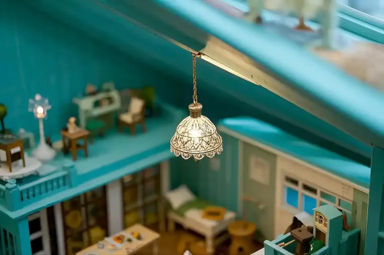 mini-ceiling-light There is a modern mini ceiling light hang on the 1/12 scale dollhouse ceiling
