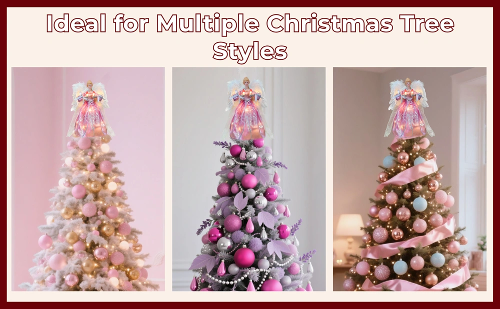 This pink angel tree topper is ideal for multiple Christmas tree styles