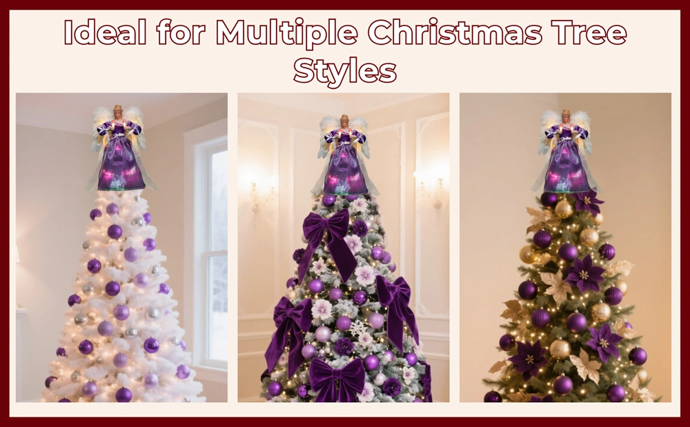 This purple angel tree topper is ideal for multiple Christmas tree styles