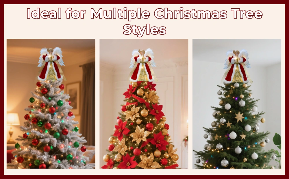 This red angel tree topper is ideal for multiple Christmas tree styles