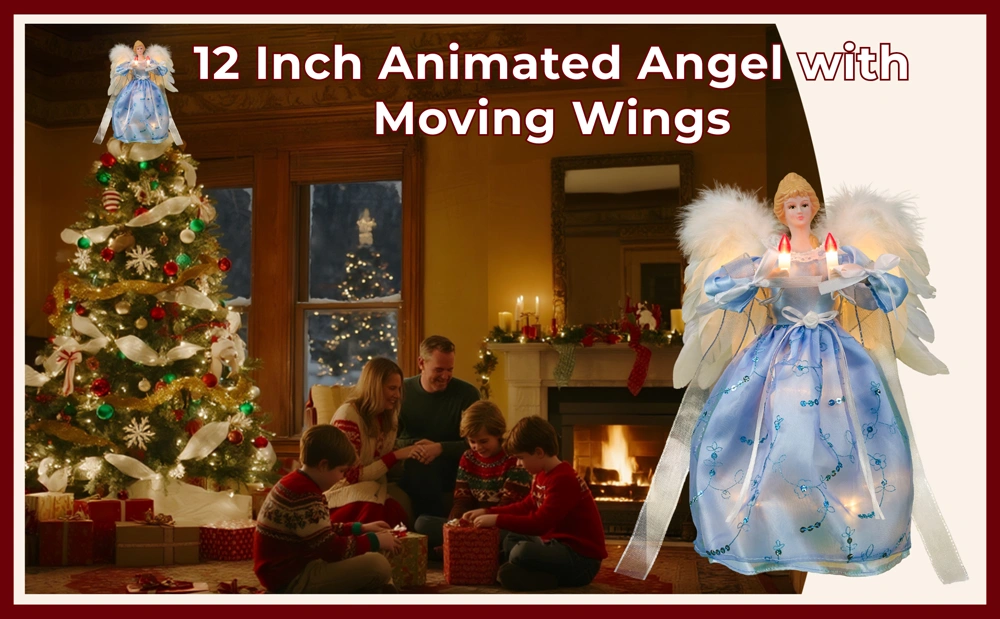 A christmas scene of this 12 inch blue animated angel with moving wings