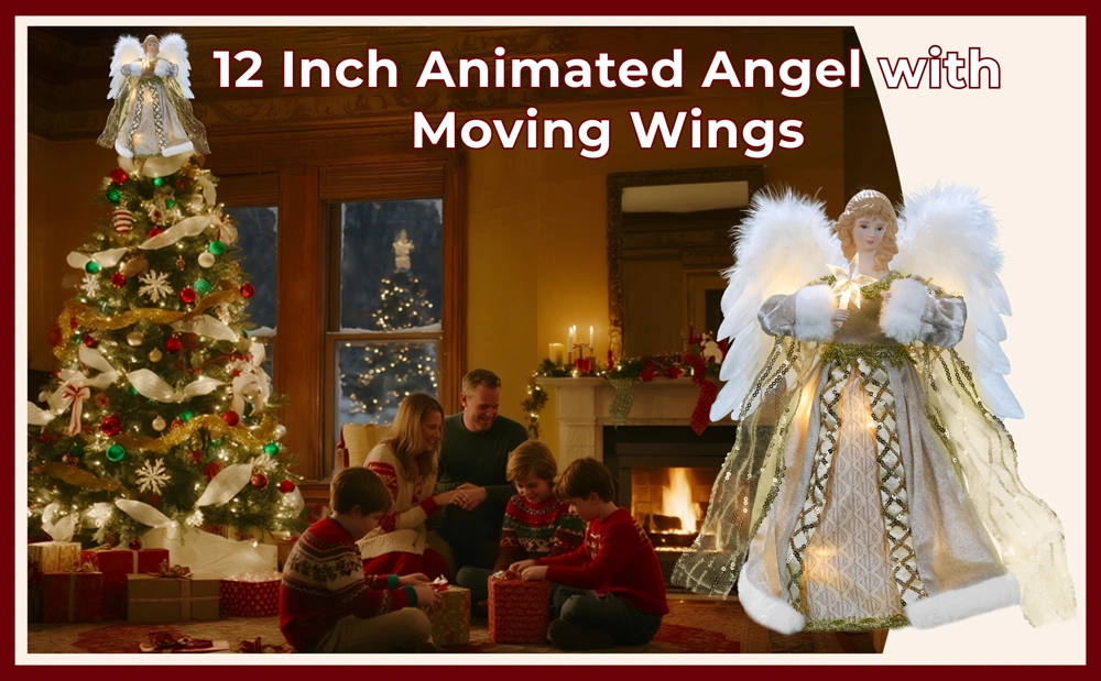 A christmas scene of this 12 inch gold animated angel with moving wings
