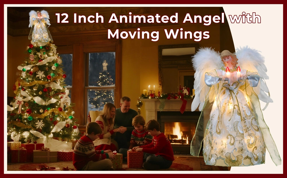 A christmas scene of this 12 inch gold animated angel with moving wings