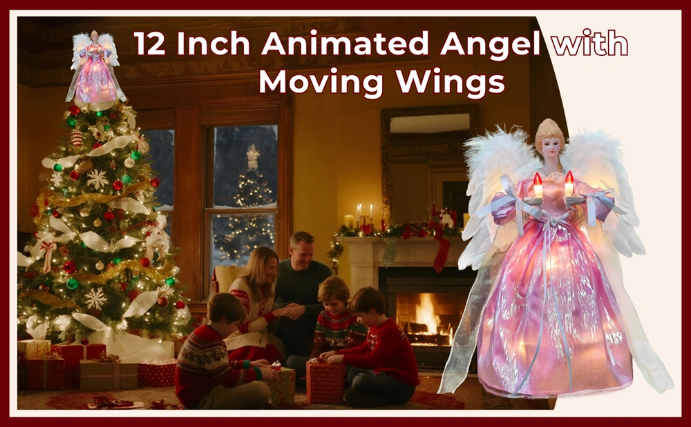 A christmas scene of this 12 inch pink animated angel with moving wings