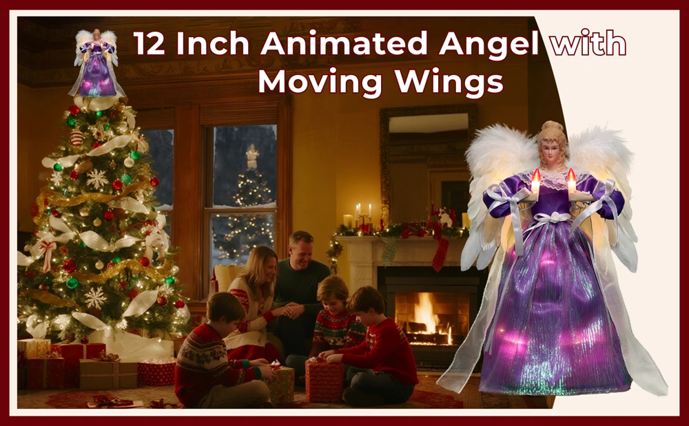A christmas scene of this 12 inch purple animated angel with moving wings