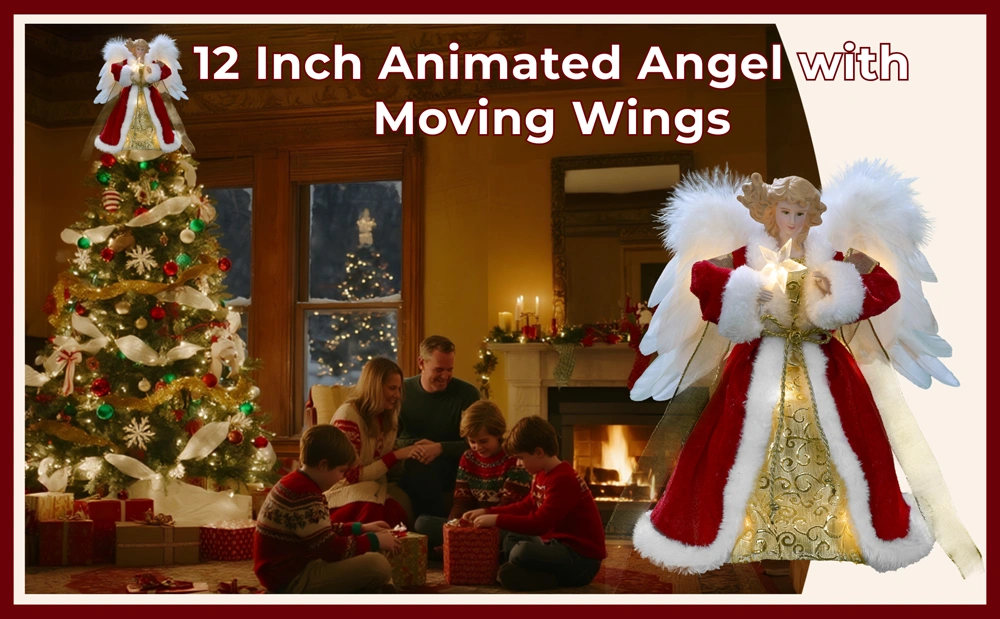 A christmas scene of this 12 inch red animated angel with moving wings