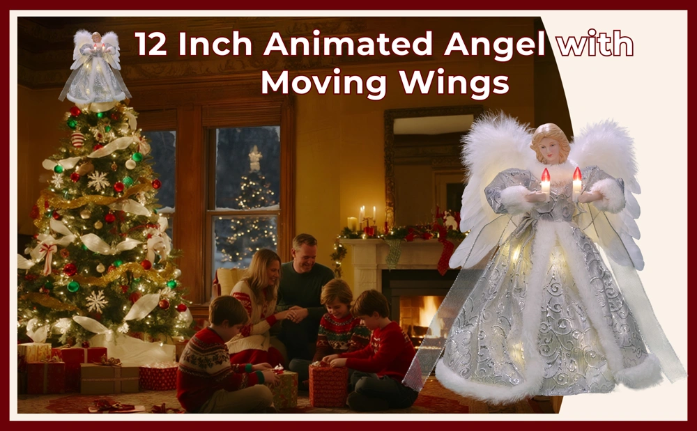 A christmas scene of this 12 silver inch animated angel with moving wings