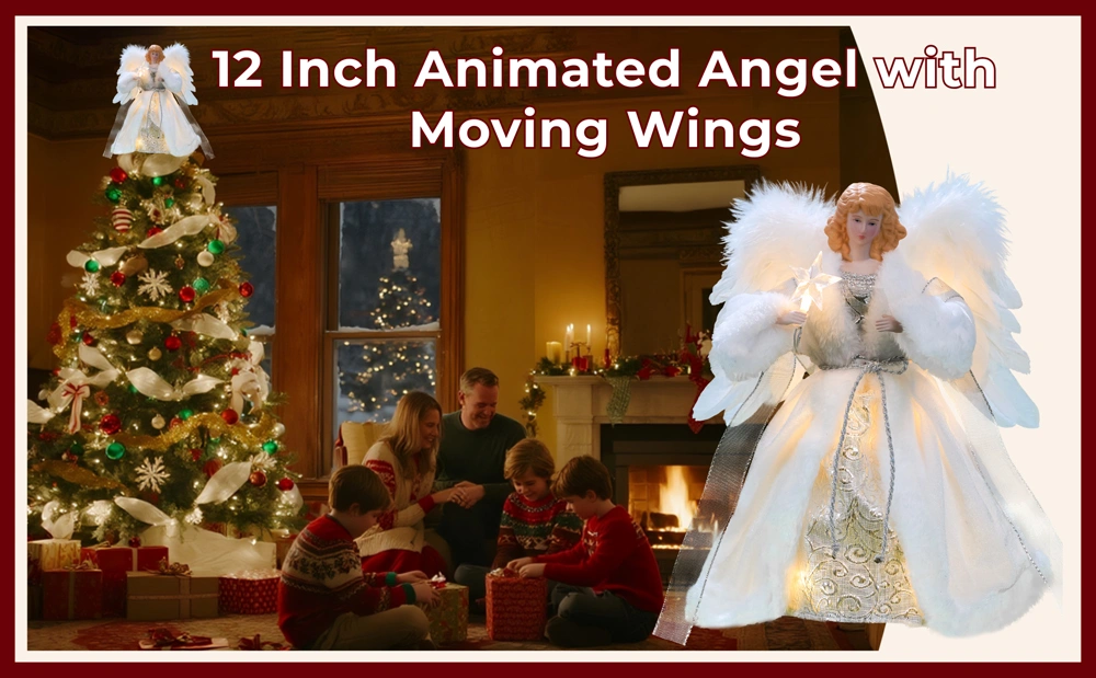 A christmas scene of this 12 inch animated angel with moving wings