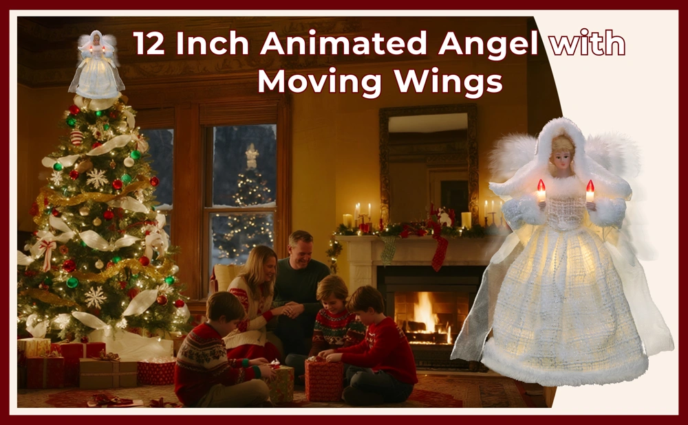 A christmas scene of this 12 inch ivory animated angel with moving wings