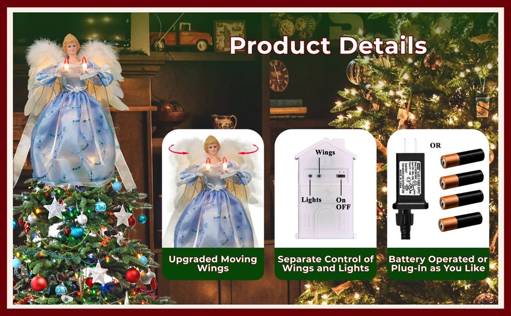 The product details of this blue moving christmas tree top angel