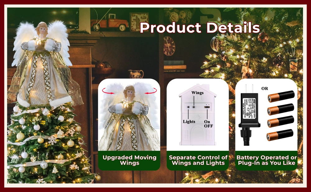 The product details of this luxury gold moving christmas tree top angel