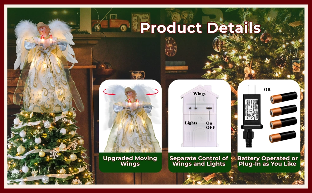 The product details of this ivory and gold moving christmas tree top angel