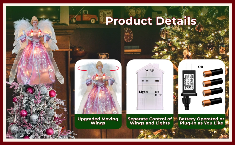 The product details of this pink moving christmas tree top angel