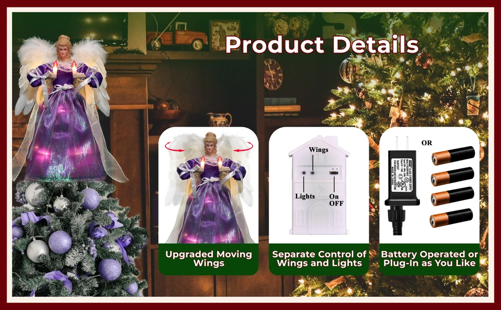 The product details of this purple moving christmas tree top angel