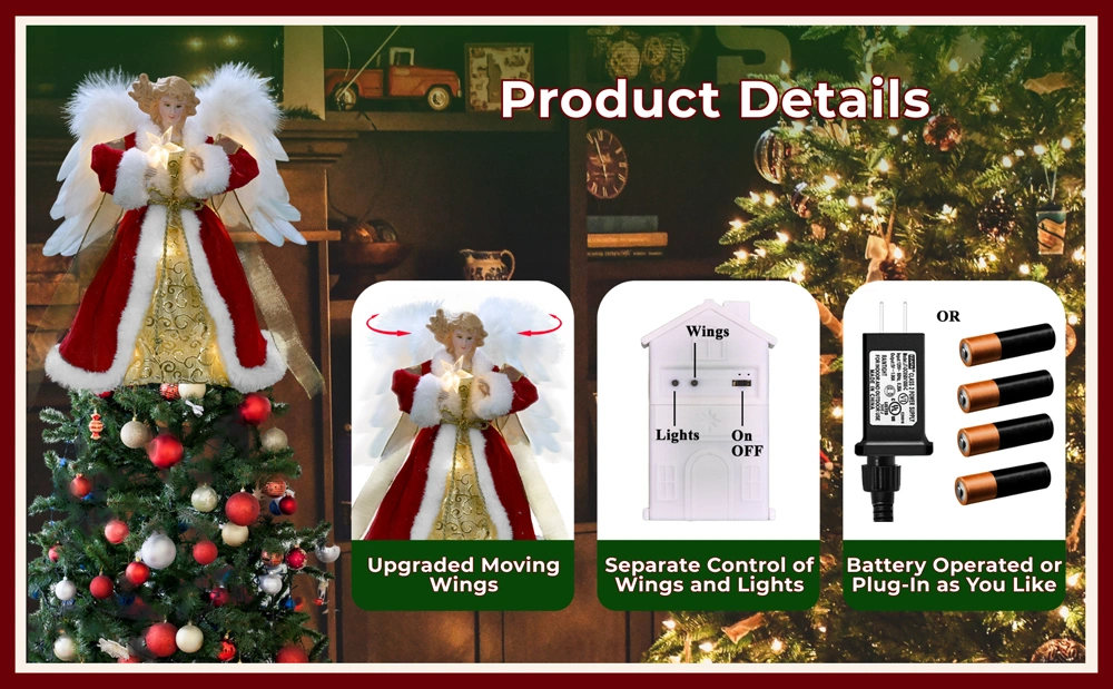 The product details of this redmoving christmas tree top angel
