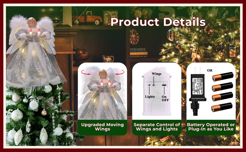 The product details of this silver moving christmas tree top angel