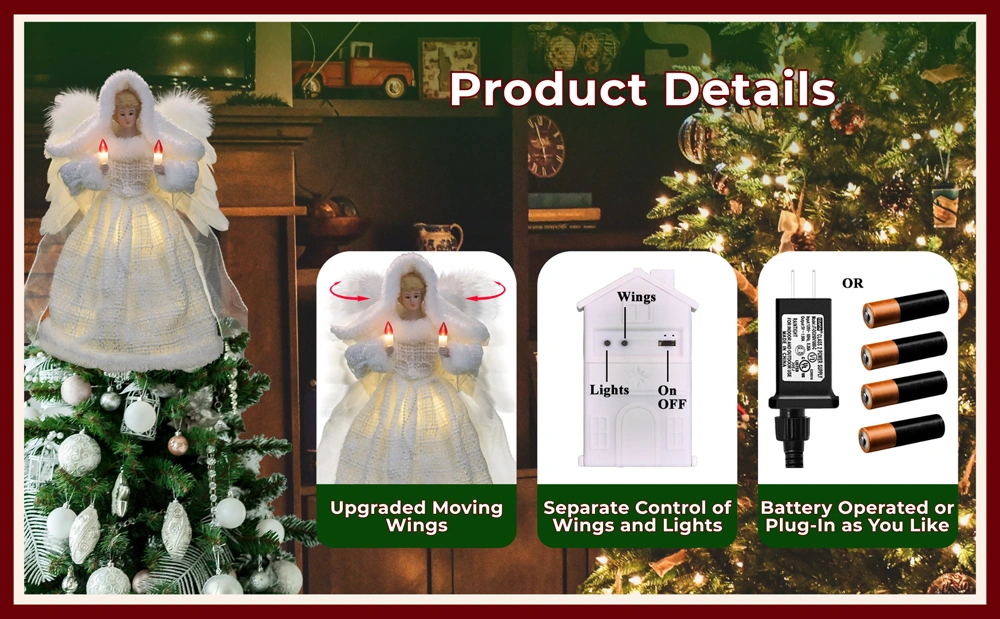 The product details of this white moving christmas tree top angel
