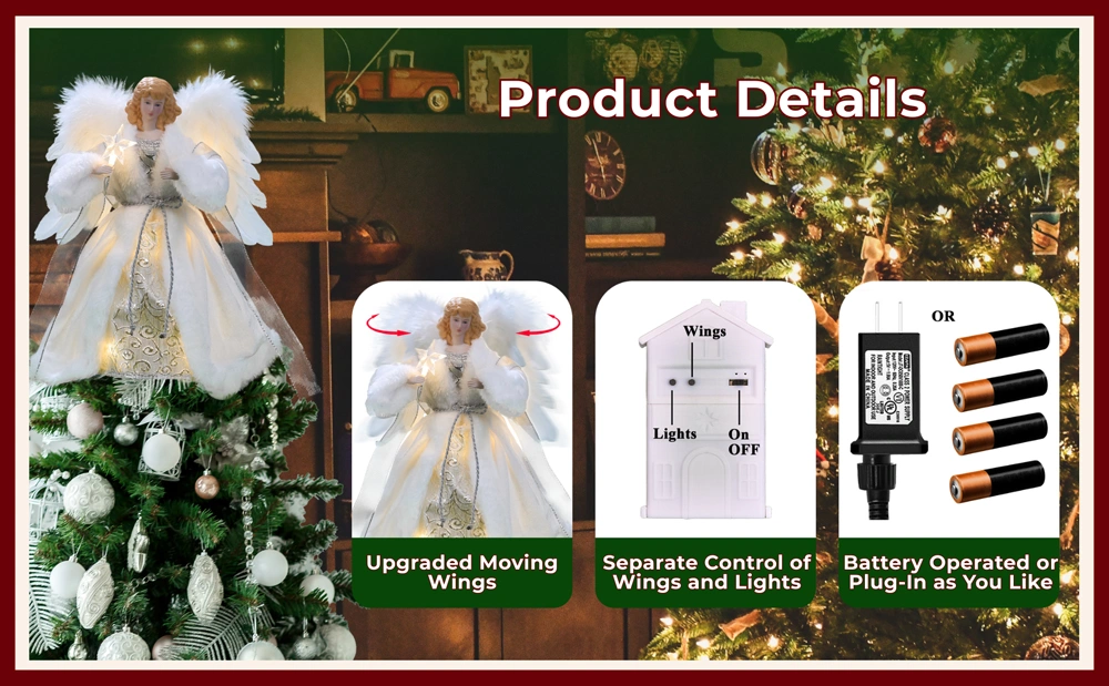 The product details of this silver moving christmas tree top angel