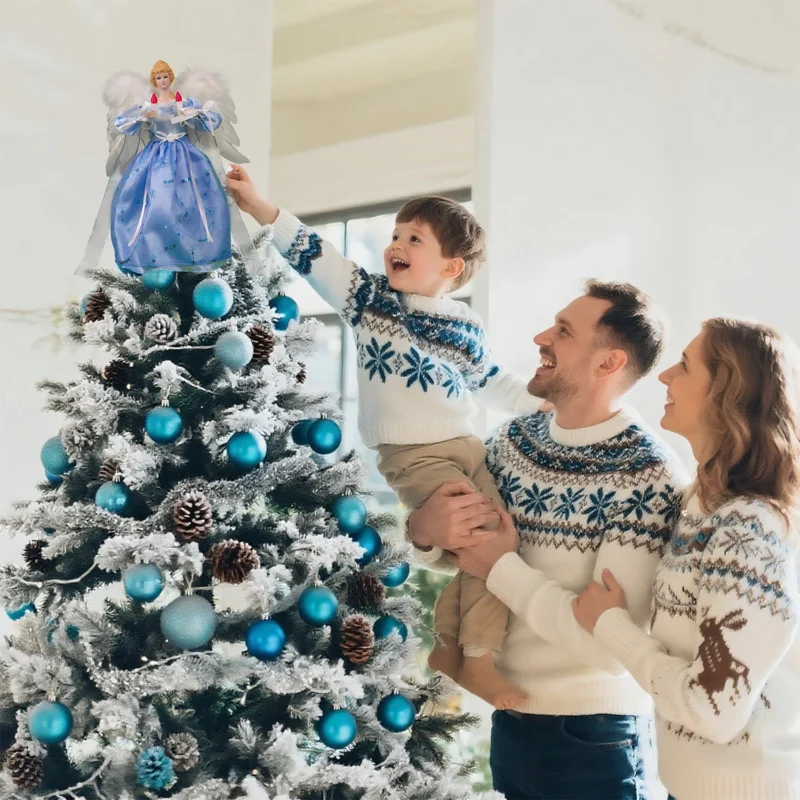 Heartwarming Christmas moment: father helps boy put angel tree topper while mother looks on smiling