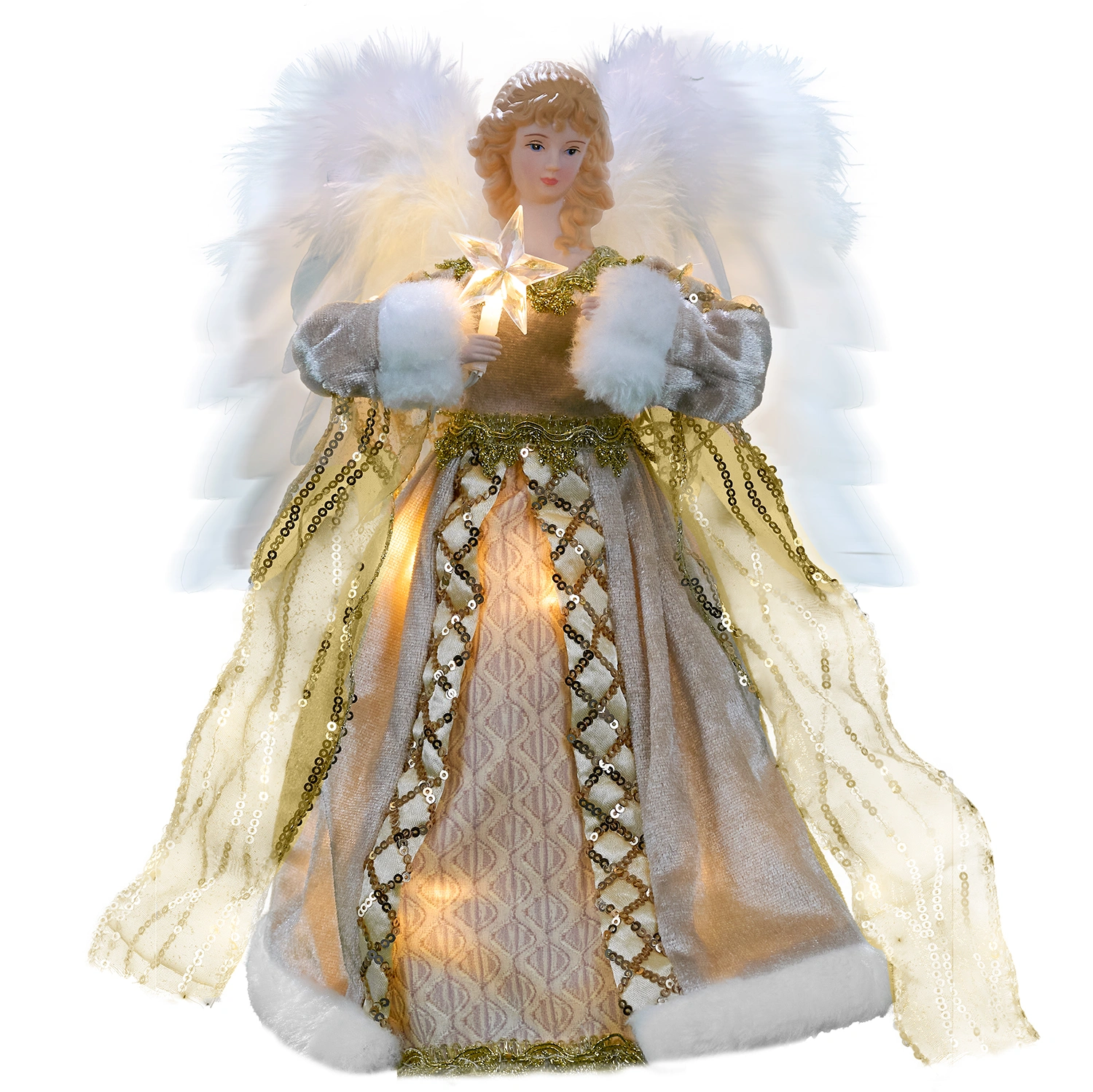 A 12-inch animated luvury gold angel tree topper with lights