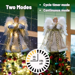 Gold animated angel tree topper with three-speed moving wings, independent lights and wings control