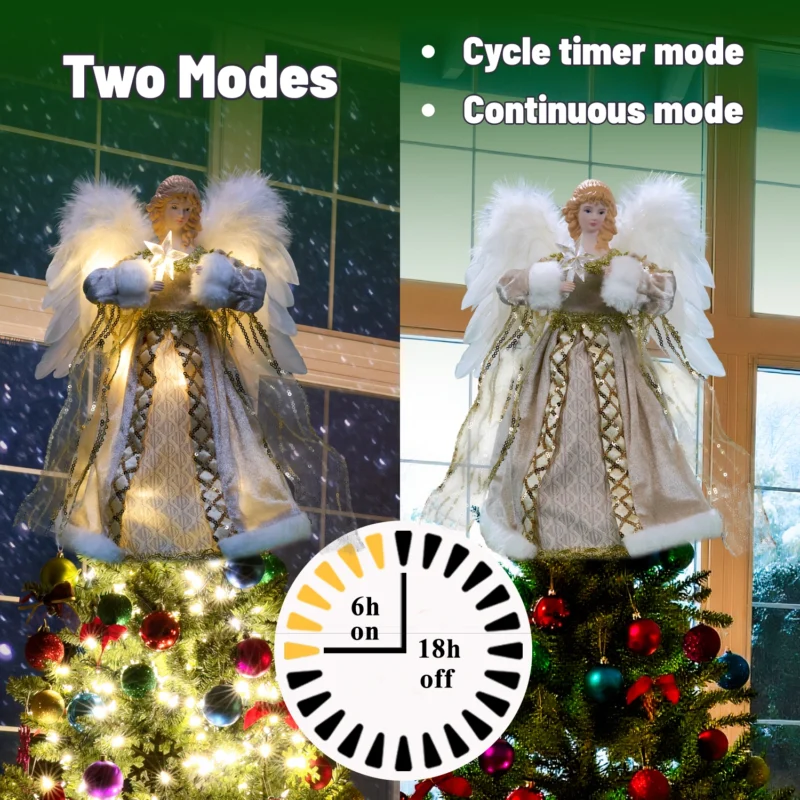 Gold animated angel tree topper with three-speed moving wings, independent lights and wings control