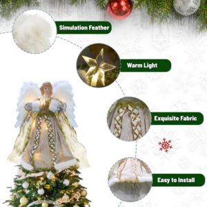 The details of this 12-inch animated lucury gold angel tree topper