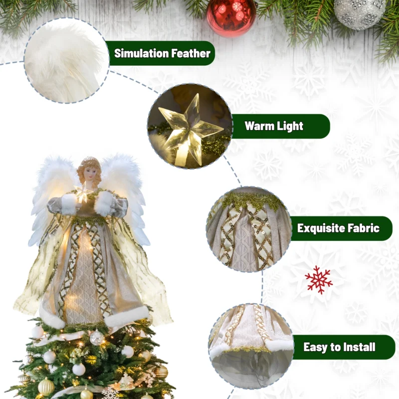 The details of this 12-inch animated lucury gold angel tree topper
