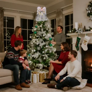 Family gathered around Christmas tree admiring a silver moving christmas tree top