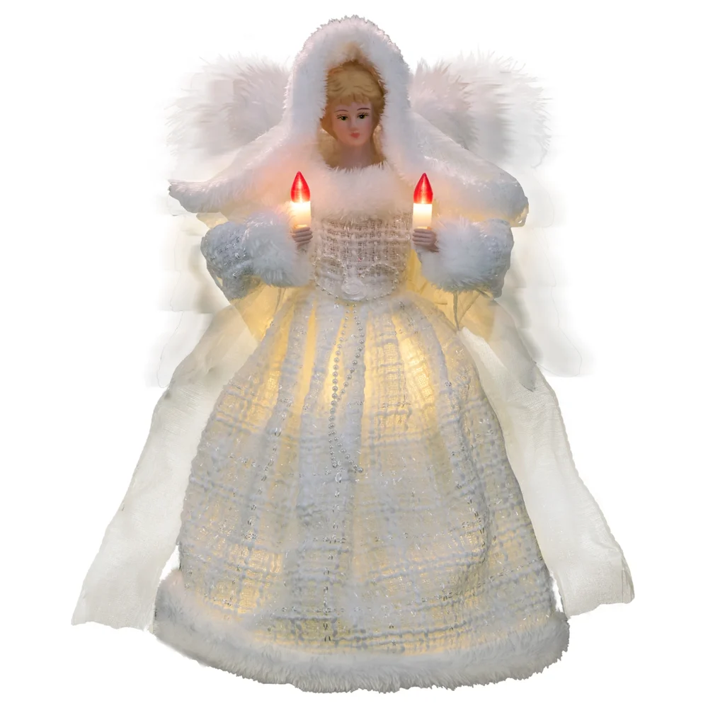 A 12-inch white moving angel tree topper with lights