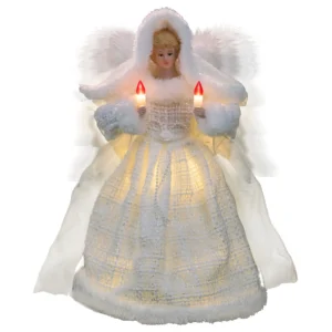 A 12-inch white moving angel tree topper with lights