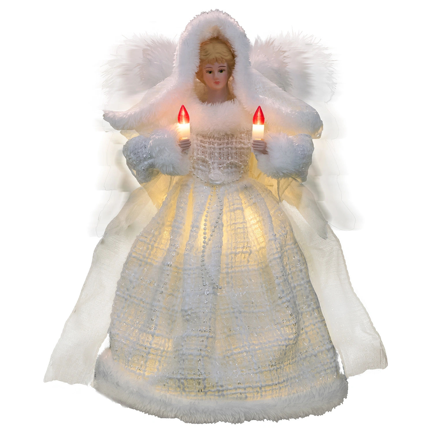 A 12-inch white moving angel tree topper with lights