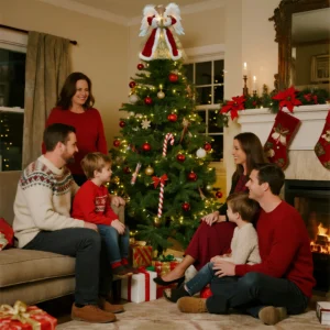 Family gathered around Christmas tree admiring an animated burgundy red angel tree topper