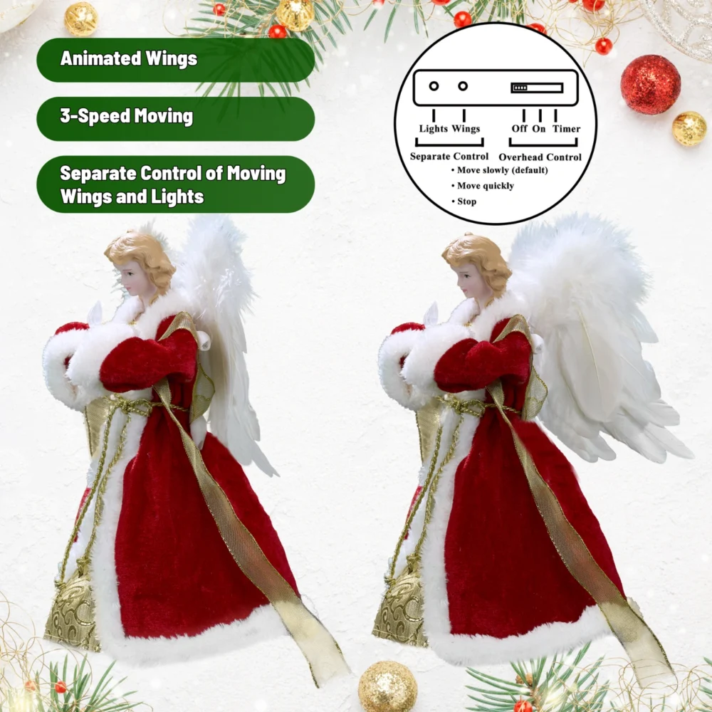 Animated burgundy red angel tree topper with three-speed moving wings, independent lights and wings control
