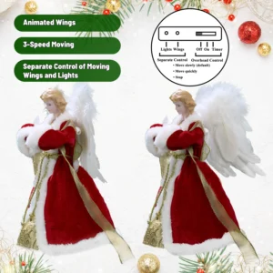 Animated burgundy red angel tree topper with three-speed moving wings, independent lights and wings control