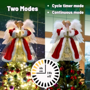 Animated burgundy red angel tree topper featuring cycle timer mode and continuous mode