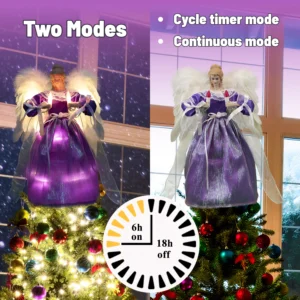 Animated purple angel tree top featuring cycle timer mode and continuous mode