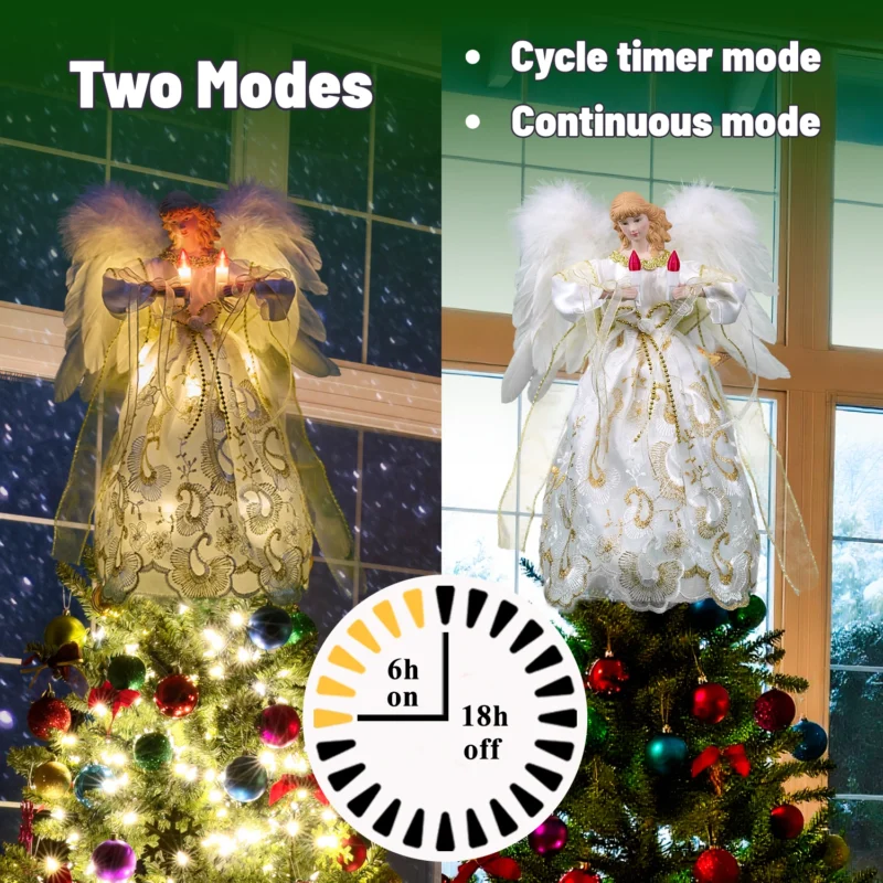 Animated gold angel christmas tree topper featuring cycle timer mode and continuous mode