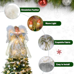 The details of this 12-inch animated gold angel christmas tree topper
