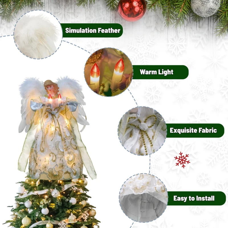 The details of this 12-inch animated gold angel christmas tree topper