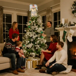 Family gathered around Christmas tree admiring an animated gold angel christmas tree topper