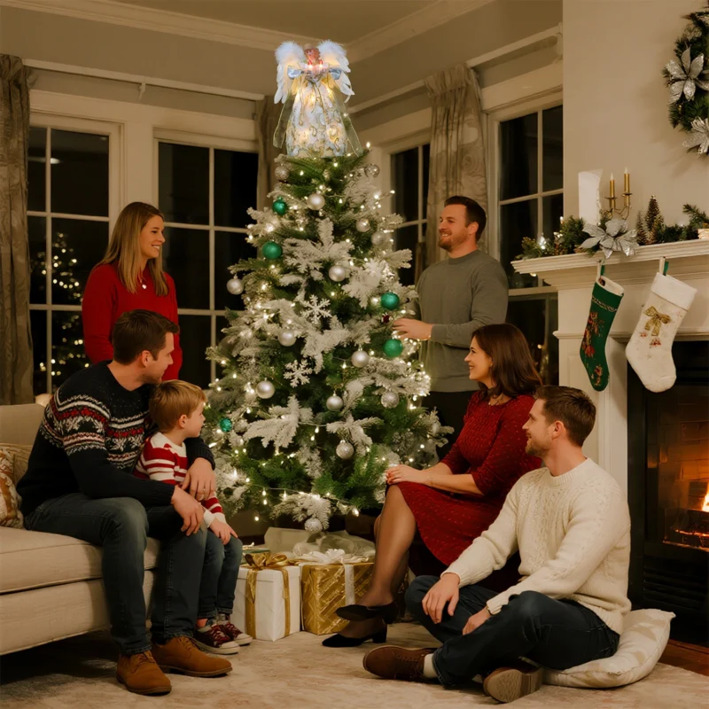 Family gathered around Christmas tree admiring an animated gold angel christmas tree topper