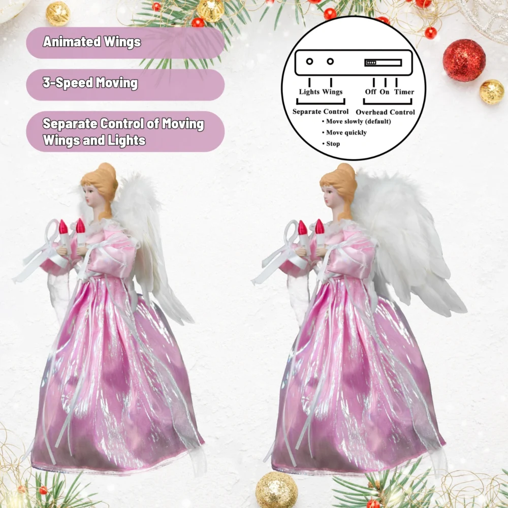 Pink angel christmas tree top with three-speed moving wings, independent lights and wings control