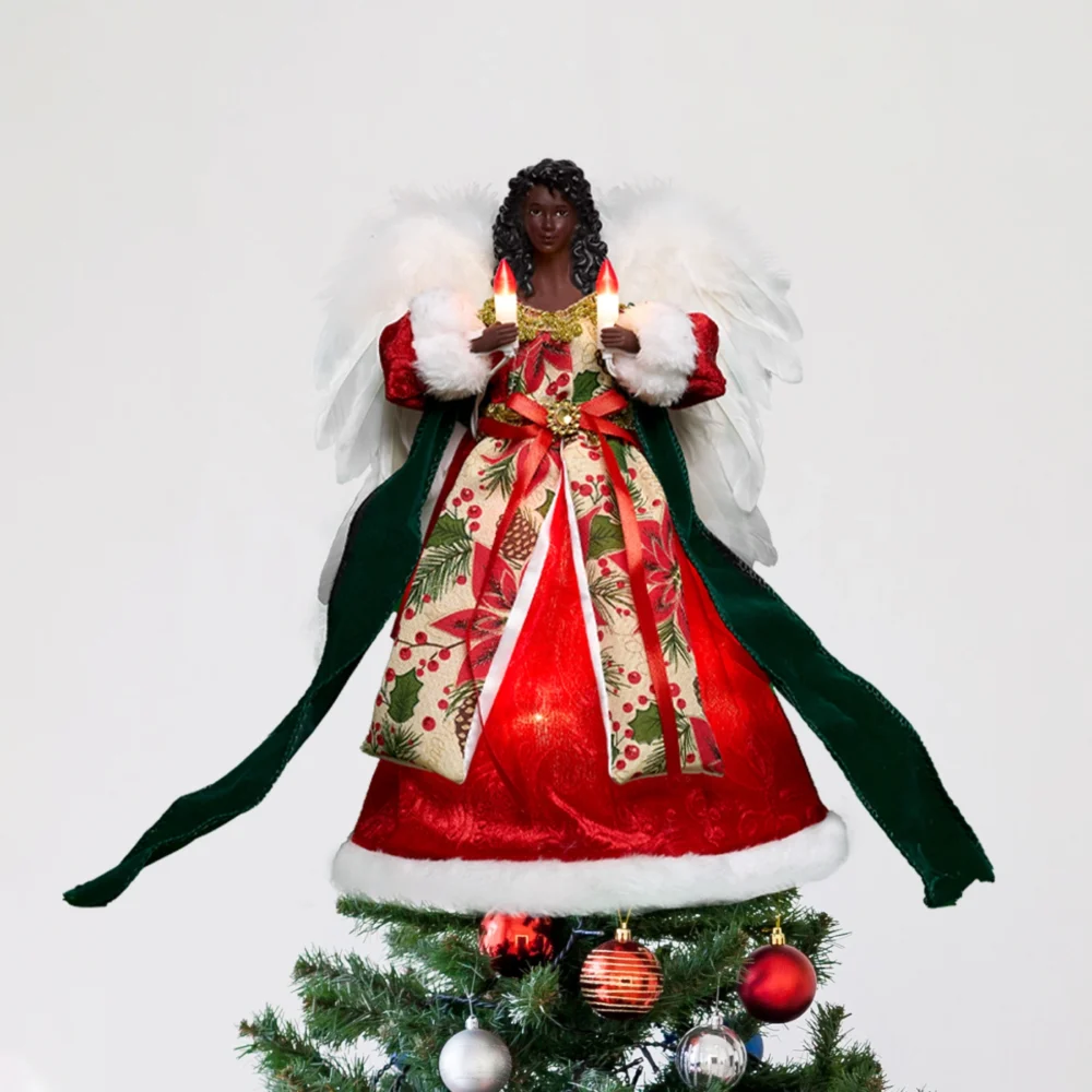 A 12-inch red black angel tree topper stands on the tree