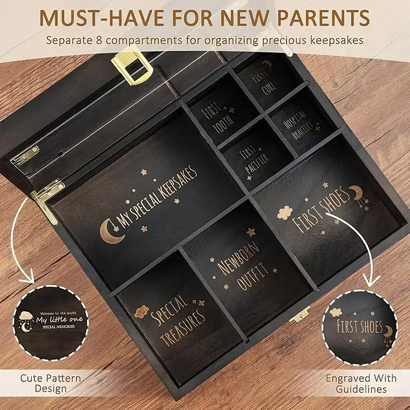 baby-shower-gifts-wooden-baby-keepsake-box (4) The baby keepsake box has 8 compartments