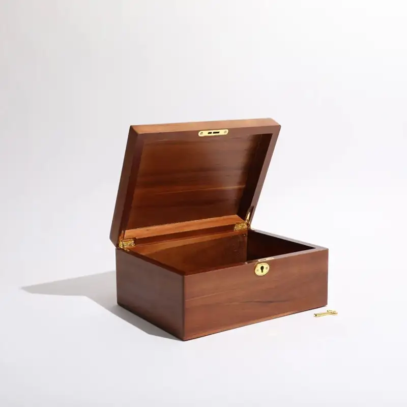 A wooden keepsake box with a key