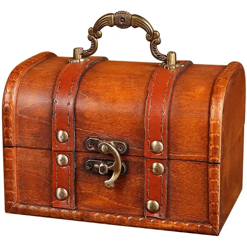 wooden-pu-leather-vintage-treasure-chest-jewelry-box​ (1) The front view of a vintage treasure chest jewelry box