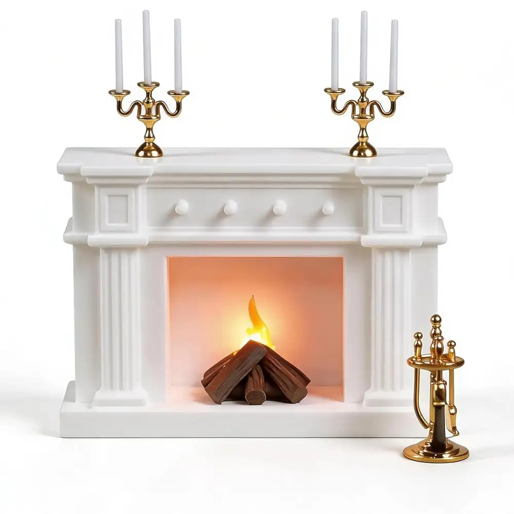 a-dollhouse-fireplace-set A dollhouse fireplace with 2 3-arm candelabra & tools