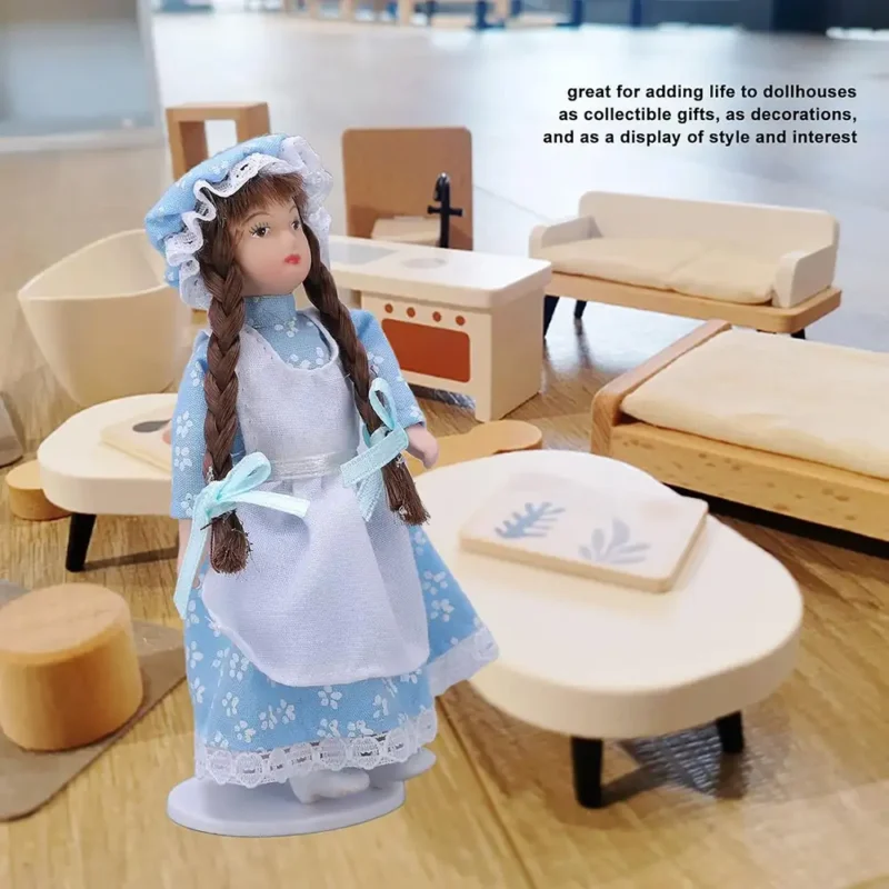 a-dollhouse-maid-girl-with-doll-house-scene A dollhouse maid girl is standing in the doll house scene
