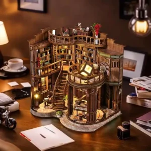 a-miniature-house-is-on-the-desk A dreamy book hall mini house with light is on the desk